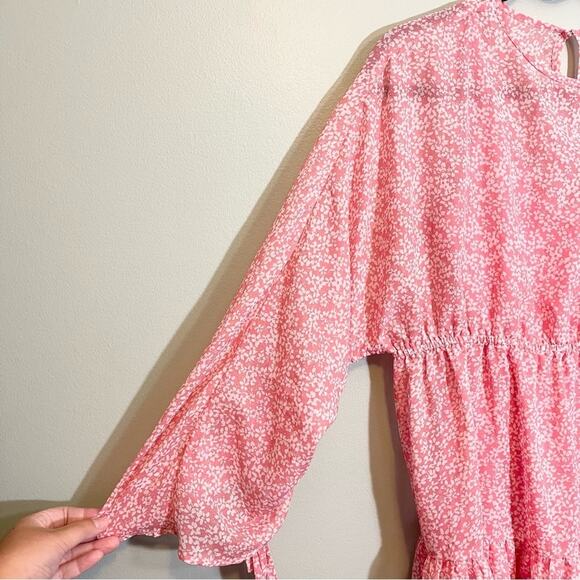 Influence Women's Pink Floral Crew Neck Shirred Sleeve Tiered Mini Dress Size 8 - Picture 7 of 16